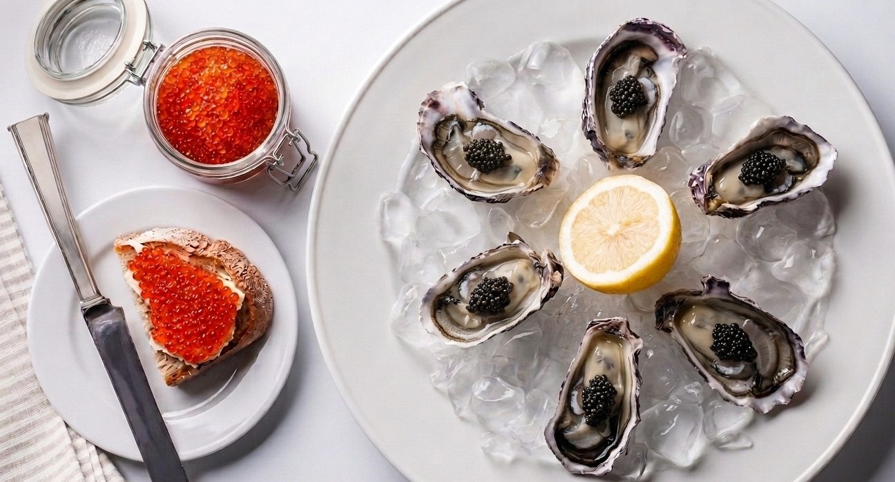 Ostras con caviar y caviar rojo