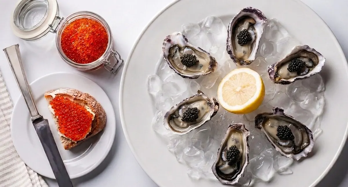 Ostras con caviar y caviar rojo